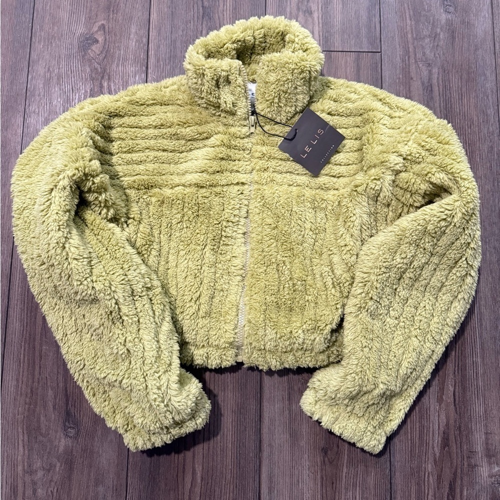 LE LIS XS Sage Green Cropped Teddy Jacket Faux Fur Zip NWT Coat